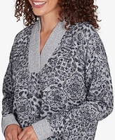 Ruby Rd. Petite V-Neck Leopard Medallion Printed Hatchi Knit Top with Solid Rib Trim