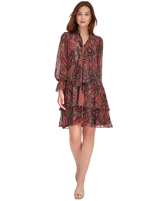 Tommy Hilfiger Women's Paisley Tie-Neck Tiered Dress