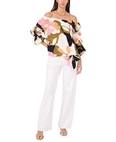 Vince Camuto Women's Printed Linen-Blend Off The Shoulder Bubble Sleeve Tie Front Top