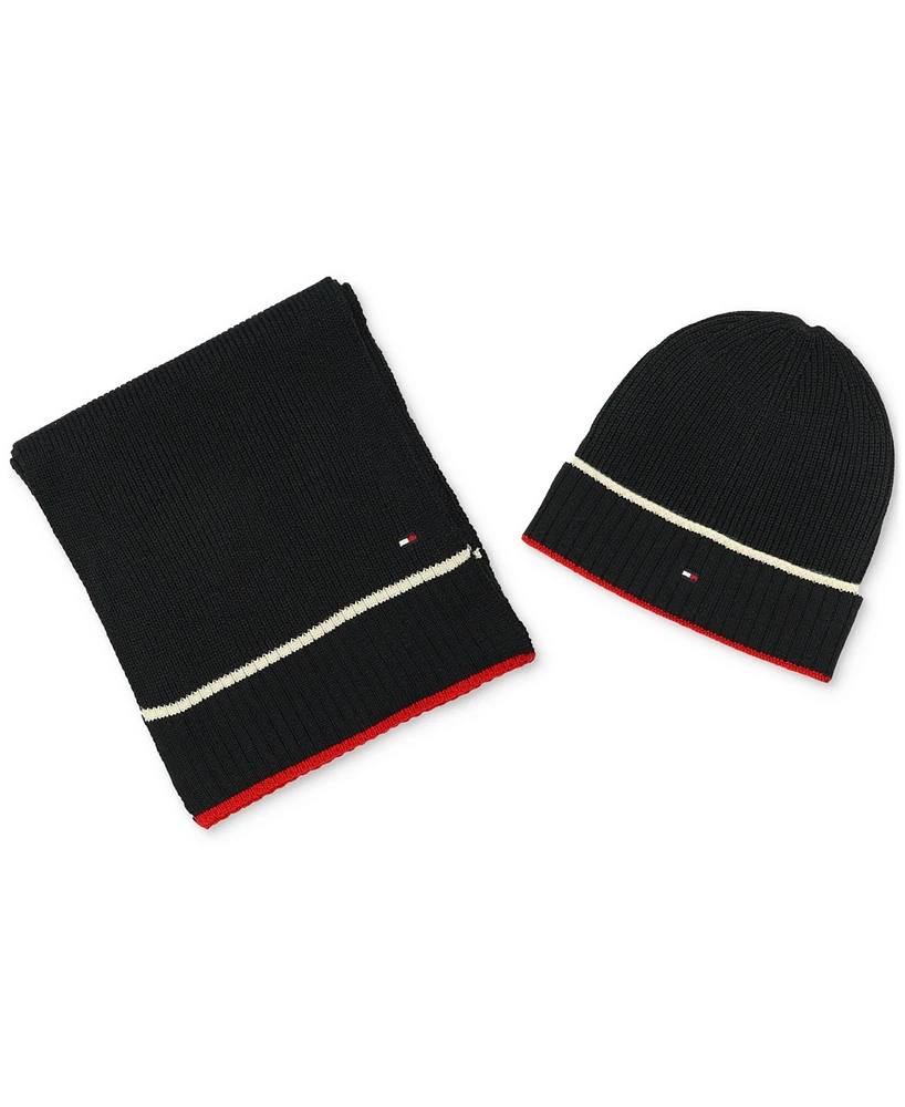 Tommy Hilfiger Men's Split Tipping Flag Logo Scarf & Beanie Set