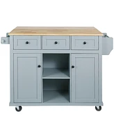 Slickblue Kitchen Cart with Rubber Wood Drop-Leaf Countertop Cabinet Door with Internal Storage Racks, 5 Wheels, 3 Drawers