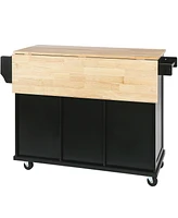 Slickblue Kitchen Cart with Rubber Wood Drop-Leaf Countertop Cabinet Door Internal Storage Racks, 5 Wheels, 3 Drawers