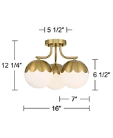 360 Lighting Camila 16" Mid Century Modern Semi Flush-Mount Ceiling Light Fixture Kitchen Foyer Hallway Round 3-Light Gold Antique Brass Finish White