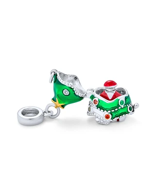 Bling Jewelry Green Christmas Tree Hidden Santa Claus Dangle Charm Bead .925 Sterling