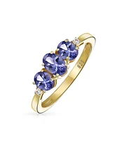 Bling Jewelry Past Present Future 3 Stone 2CTW Oval Purple Natural Tanzanite Trilogy Trinity Ring for Women Gold Plated .925 Sterling Silver