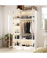Famapy White Glass Doors Armoires Metal Frame Wardwore with Led Lights