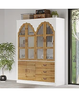 Famapy Brown Bedroom Armoire in Victorian Style, With Glass Doors, Hanging Rod, Drawers