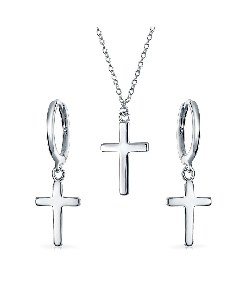 Bling Jewelry Minimalist Simple Small Petite Religious Jewelry Set Cross Necklace Pendant Huggee Stud Earrings For Women .925 Sterling Silver