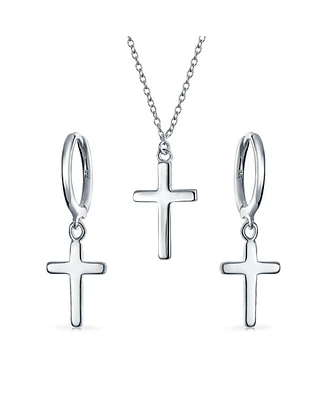 Bling Jewelry Minimalist Simple Small Petite Religious Jewelry Set Cross Necklace Pendant Huggee Stud Earrings For Women .925 Sterling Silver