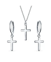 Bling Jewelry Minimalist Simple Small Petite Religious Jewelry Set Cross Necklace Pendant Huggee Stud Earrings For Women .925 Sterling Silver