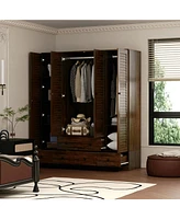 Homsee Brown Wood 4 Shutter Doors Armoires Wardrobe with Drawers, Hanging Rod