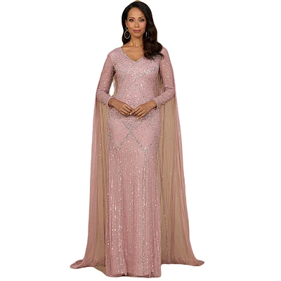 Lara Women's Long Sleeve Beaded Gown with Cape