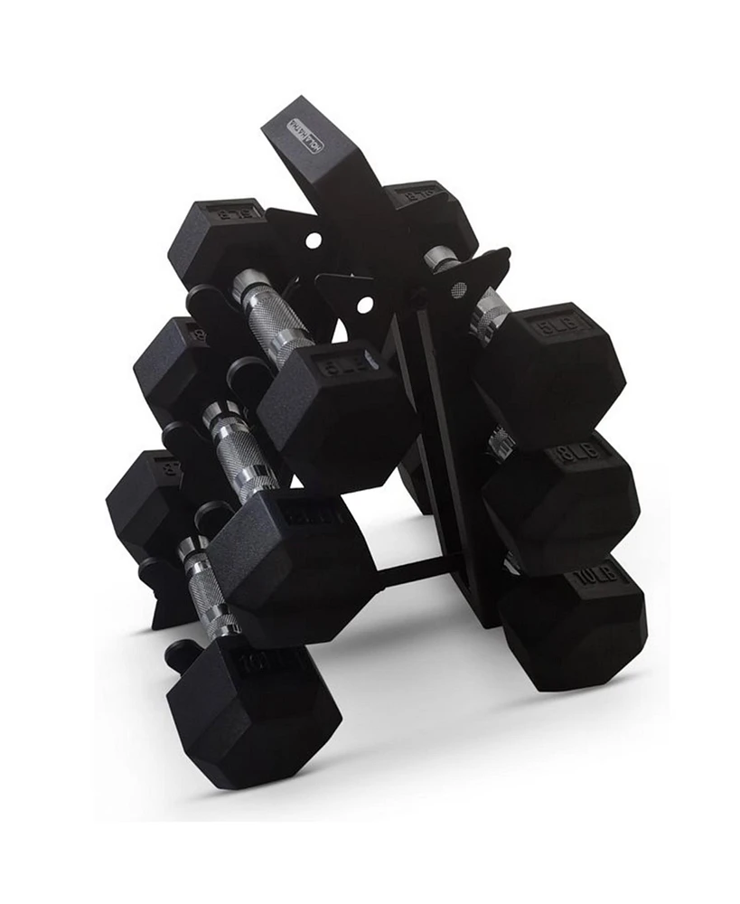 HolaHatha Hexagonal Dumbbell Free Hand Weight Set w/ Rack, 5, 8, & 10 Lbs, Black