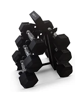 HolaHatha Hexagonal Dumbbell Free Hand Weight Set w/ Rack, 5, 8, & 10 Lbs, Black