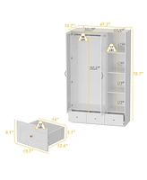 Famapy White Wood Armoires Wardrobe with Hanging Rods, 3-Drawers, Open Shelves