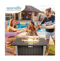 SereneLife 50,000 Btu Propane Gas Fire Pit Table with Glass Wind Guard and Blue Glass Rocks