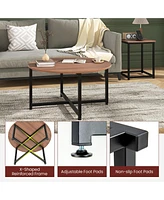 Gymax Round Nesting Table Set of 3 Modern/Farmhouse Coffee w/2 End Tables Walnut & Black