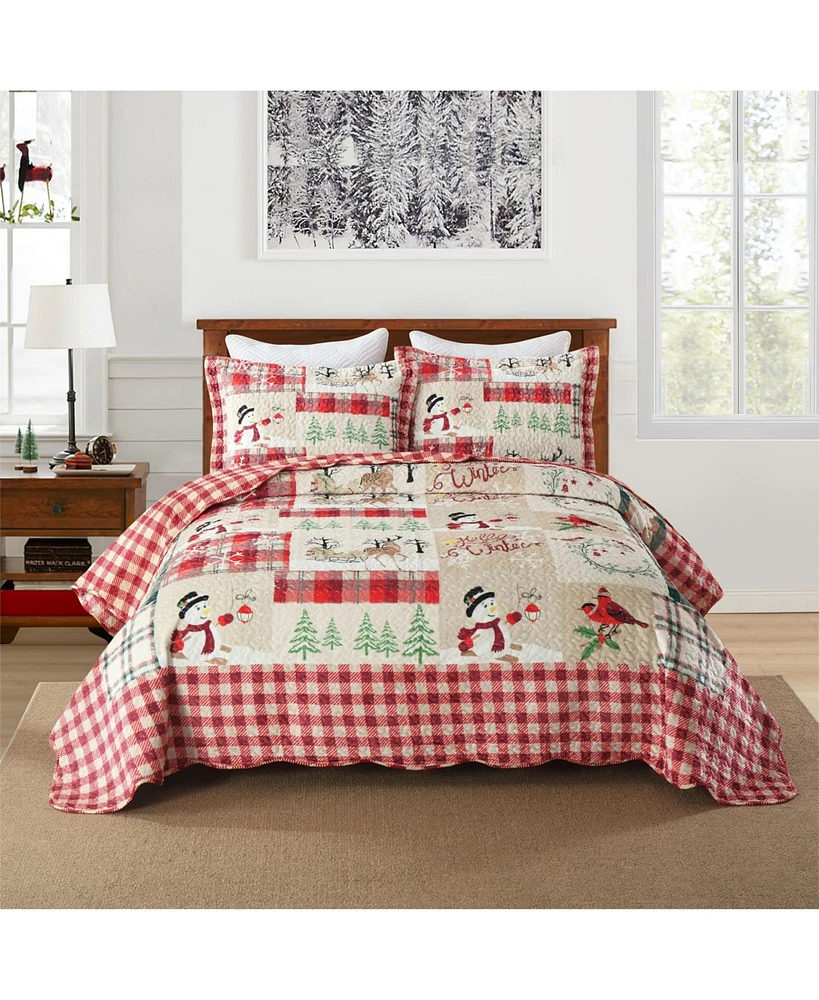 MarCielo 3 Pc Velvet Quilted Oversized Christmas Quilt Set Queen