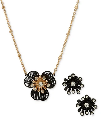 lonna & lilly Gold-Tone Crystal Openwork Jet Flower Pendant Necklace & Stud Earrings Set