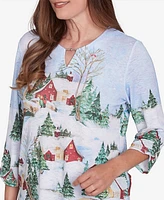 Alfred Dunner Petite Classics Split Neck Winter Wonderland Top