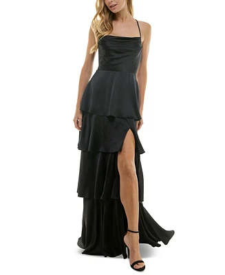 City Studios Juniors' Cowlneck Tiered Slit-Front Gown