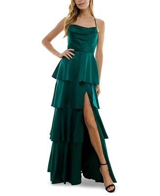 City Studios Juniors' Cowlneck Tiered Slit-Front Gown