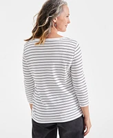 Style & Co Women's Striped 3/4-Sleeve Henley Top, Created for Macy's