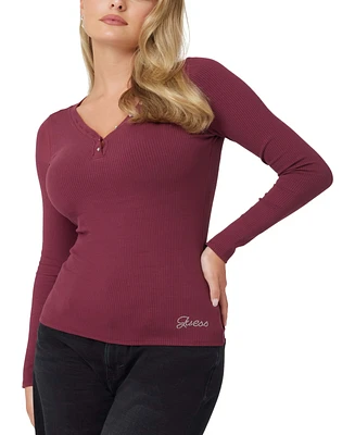 Guess Women's Kyla Ribbed Henley Long-Sleeve Top