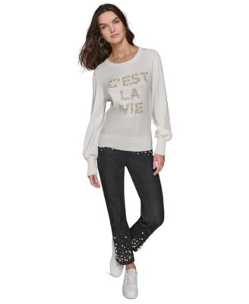 Karl Lagerfeld Paris Faux Pearl Sweater Embellished Jeans