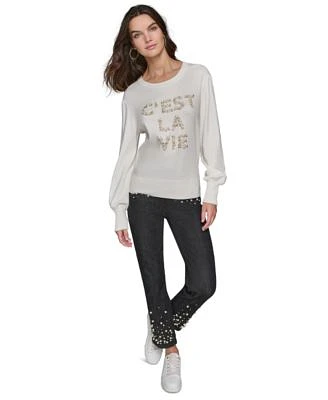 Karl Lagerfeld Paris Faux Pearl Sweater Embellished Jeans