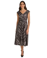 Calvin Klein Women's Printed Belted Cap-Sleeve A-Line Midi Dress