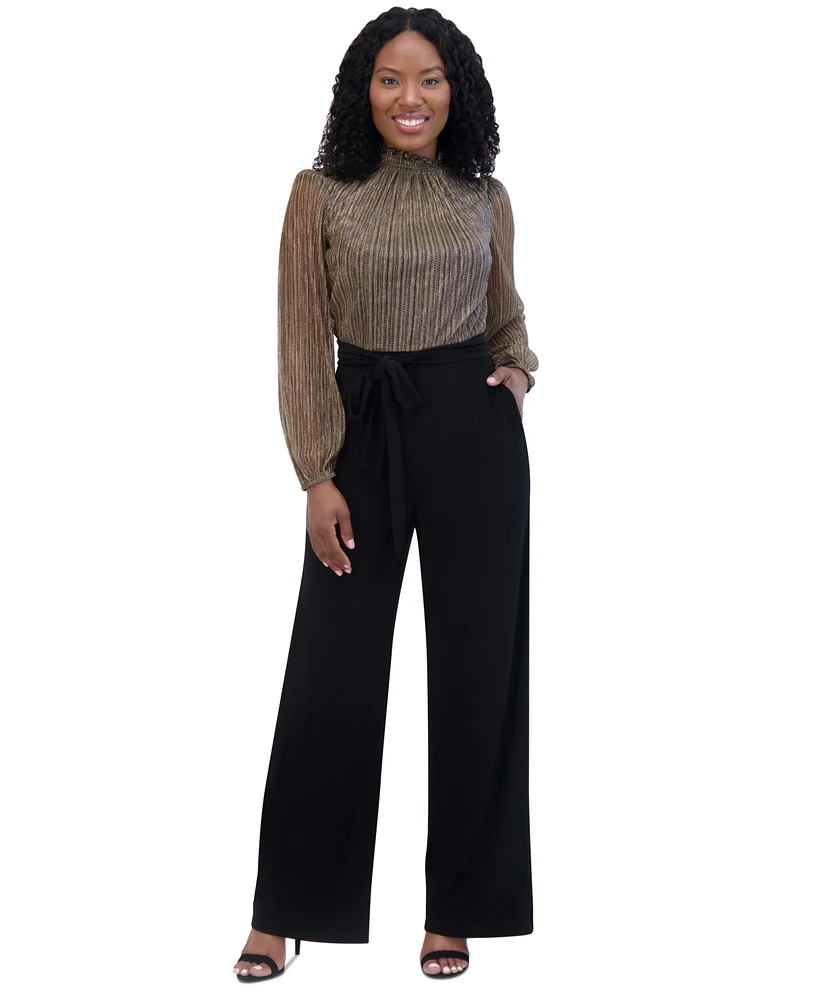 Jessica Howard Women's Mock-Neck Puff-Sleeve Belted Jumpsuit