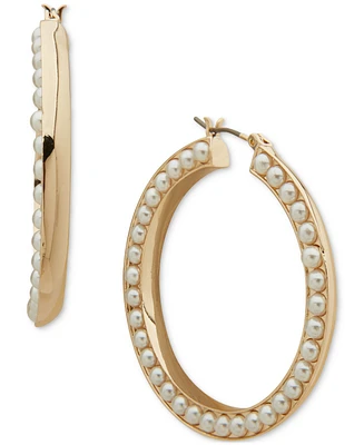 Anne Klein Gold-Tone Medium Imitation Pearl Beveled Hoop Earrings, 1.2"