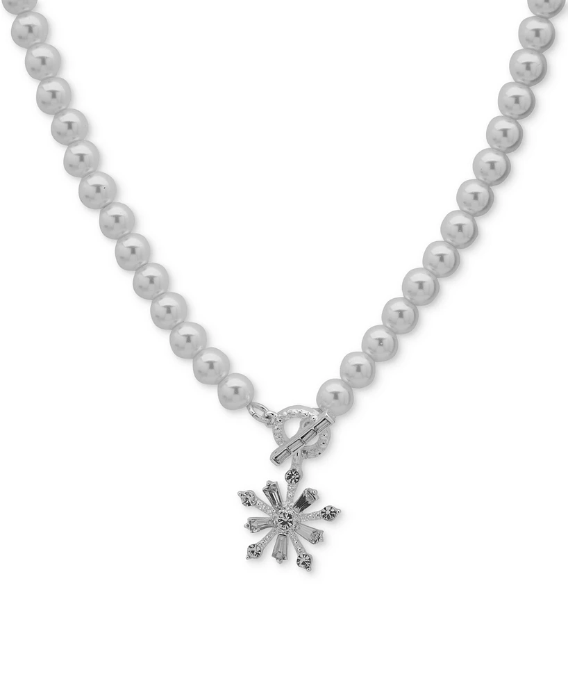 Anne Klein Silver-Tone Crystal & Imitation Pearl Snowflake Pendant Necklace, 16" + 3" extender