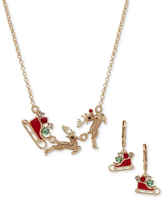 Anne Klein Gold-Tone Multicolor Crystal Reindeer Sleigh Statement Necklace & Drop Earrings Set