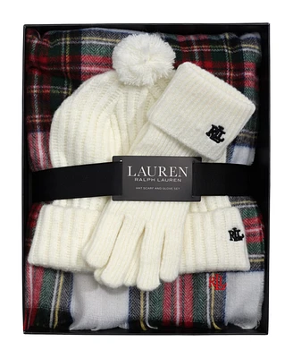 Lauren Ralph Woven Scarf, Knit Glove and Hat Boxed Gift Set