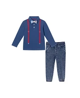 Andy & Evan Toddler Boys Toddler/Child Navy Suspender Shirt w/Faux Denim Terry Pant