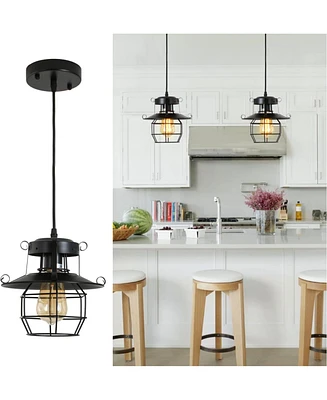 Slickblue Vintage Farmhouse Black Metal Caged Pendant Light, Rustic Hanging Lamp