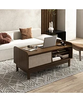 Gymax Rectangular Coffee Table w/ Storage Weaving Sliding Door & Adjustable Shelf