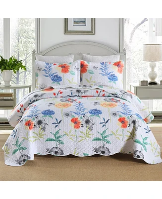 MarCielo 3 Pcs Printed Floral Lightweight Quilt Bedspread Set Queen