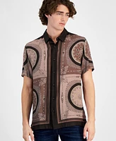 Guess Men's Short Sleeve Button Front Medallion Print Shirt