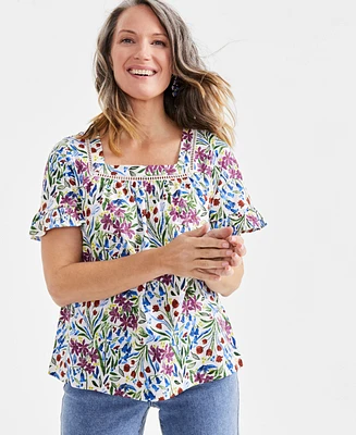 Style & Co Women's Printed Square-Neck Ruffle-Sleeve Top, Created for Macy's