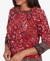 Ruby Rd. Petite Embellished Envelope Neck Paisley Border Printed Knit Top