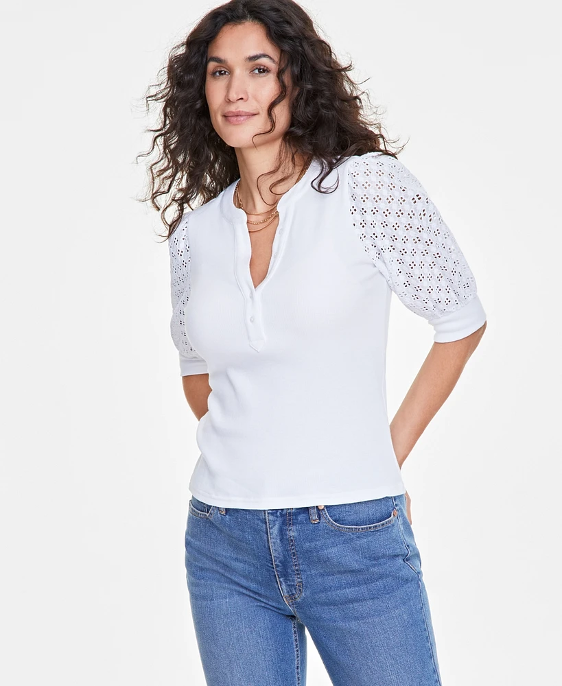 On 34th Women's Eyelet Puff Sleeve Henley Top, Created for Macy's