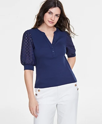 On 34th Women's Eyelet Puff Sleeve Henley Top, Created for Macy's