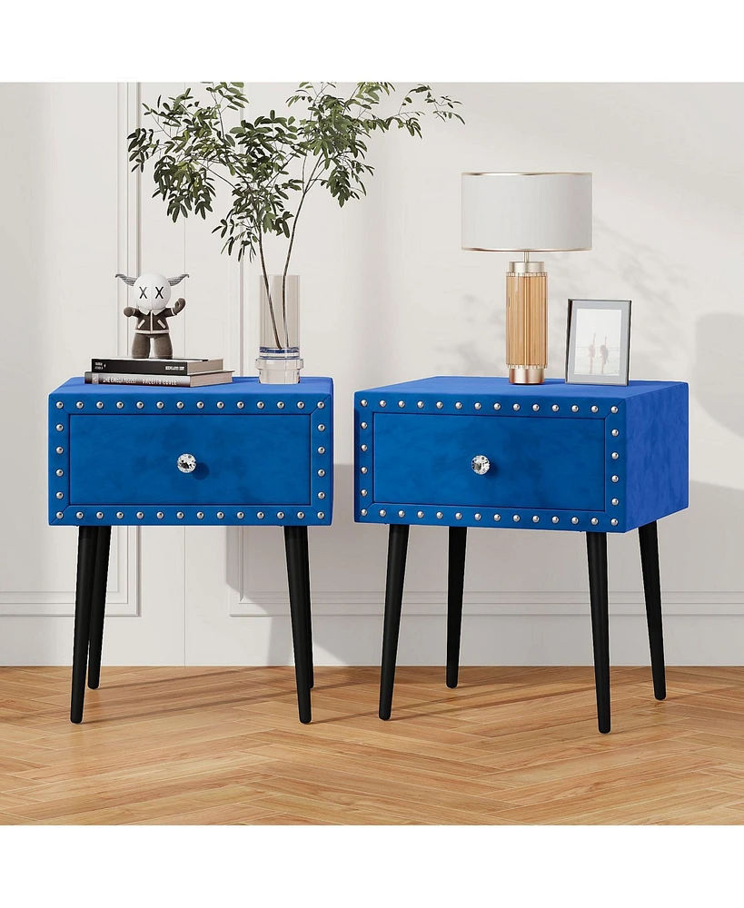 Slickblue Modern Nightstands Set of 2 with Drawer and Crystal Handle, Elegant Rivet Velvet Design Bedside Table for Bedroom, Blue