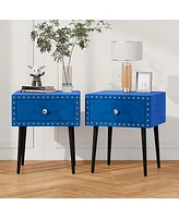 Slickblue Modern Nightstands Set of 2 with Drawer and Crystal Handle, Elegant Rivet Velvet Design Bedside Table for Bedroom, Blue