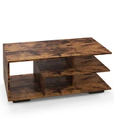 Gymax Geometric Coffee Table w/ Storage Shelves 3-Tier Rectangular Tea Rustic Brown