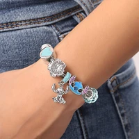 Disney Stitch Fashion 7" Charm Bracelet with Blue and Silver Tone Enamel Beads