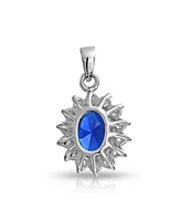 Bling Jewelry Style Royal Blue Oval Halo Crown Pendant Necklace For Women .925 Sterling Silver